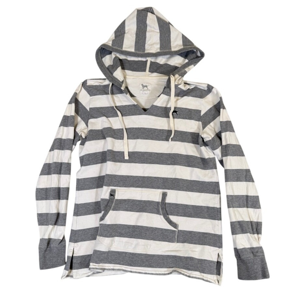 The Black Dog Womens Small Grey White Striped V-Neck Hoodie Long Sleeve Shirt